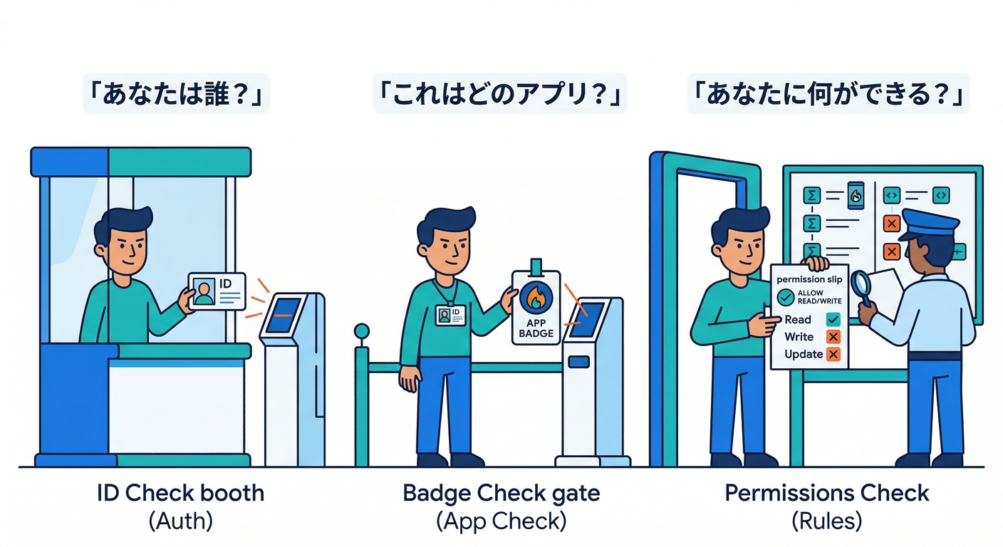 Auth vs Rules vs App Check