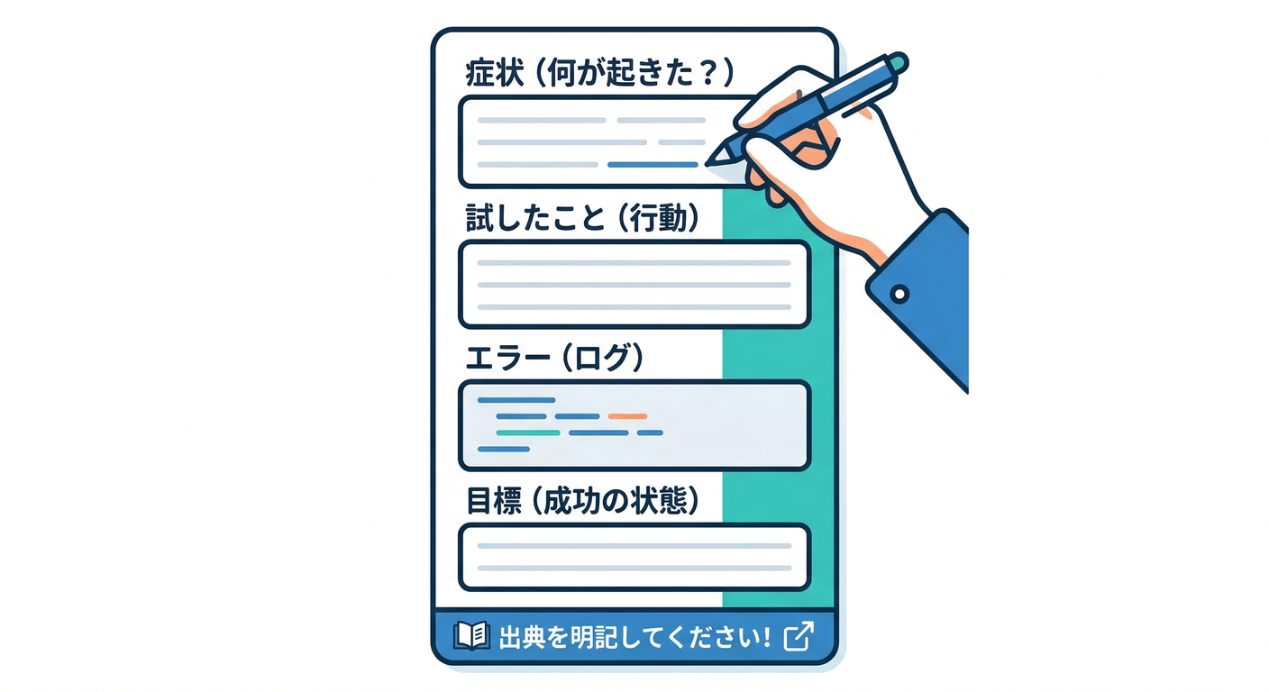 質問テンプレ：症状・試したこと・エラー・ゴール