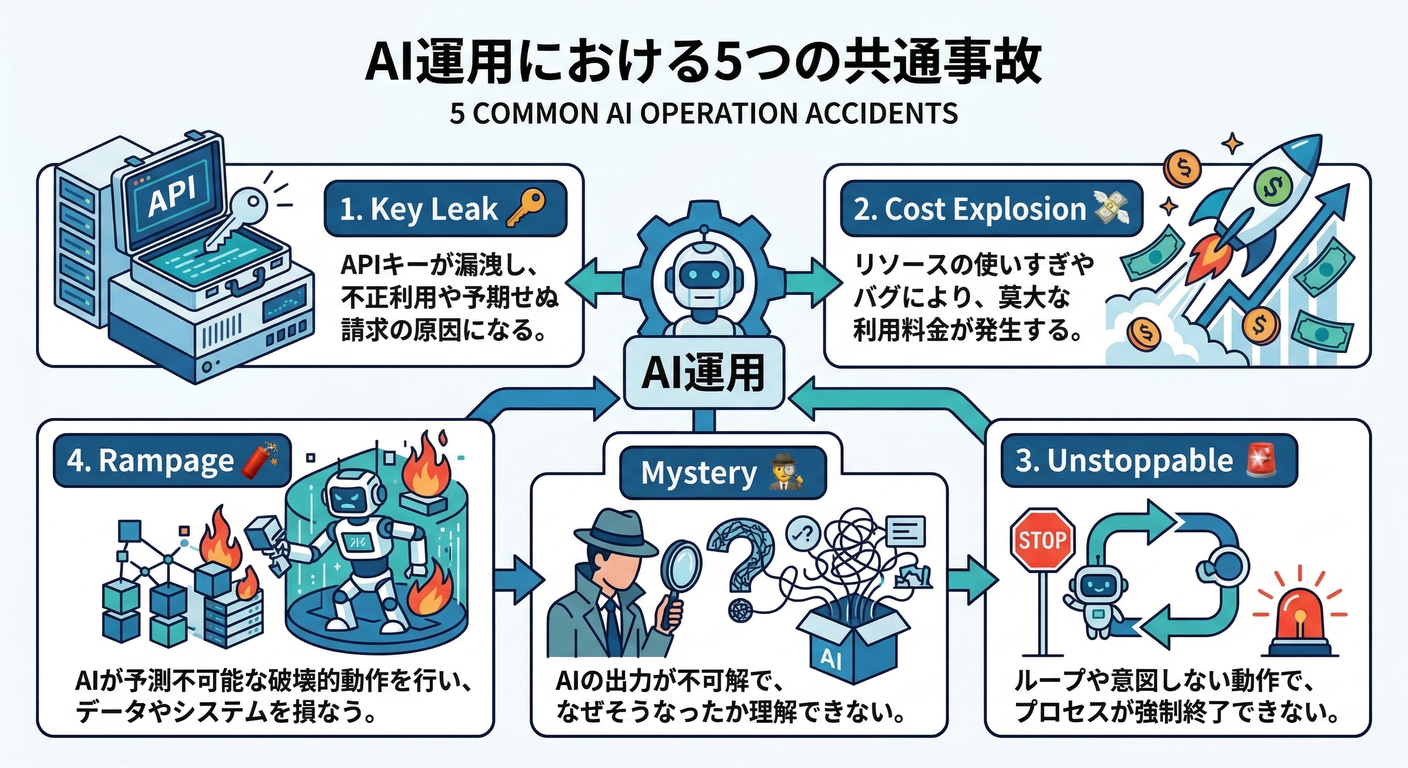 AI運用の5大事故：鍵漏れ・請求爆発・停止不能・暴走・迷宮入り