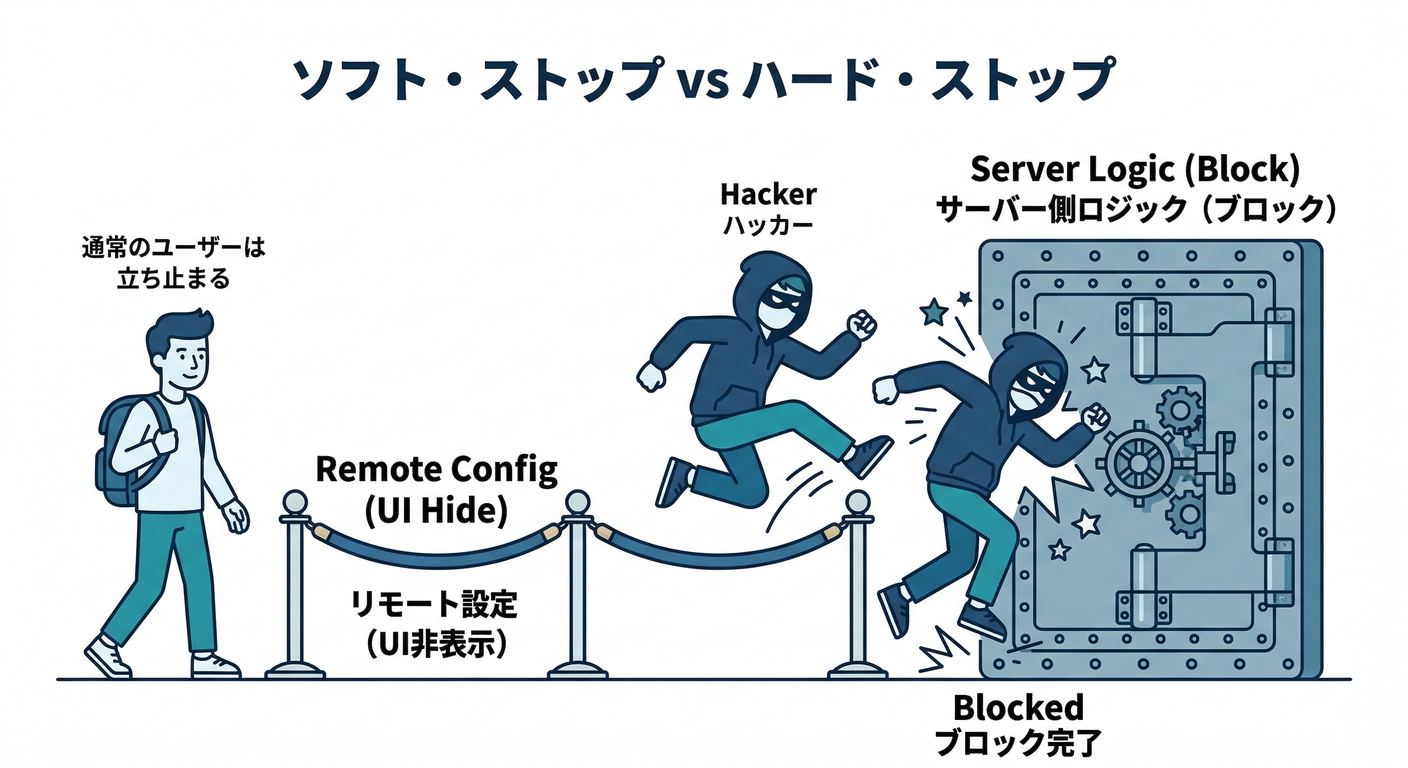ソフト停止（UI）とハード停止（サーバー）の二重ロック