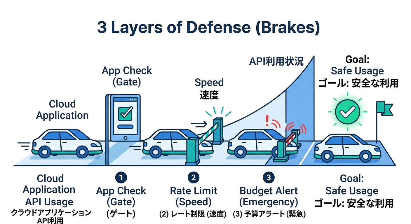 App Check・レート制限・予算アラートの3段構え
